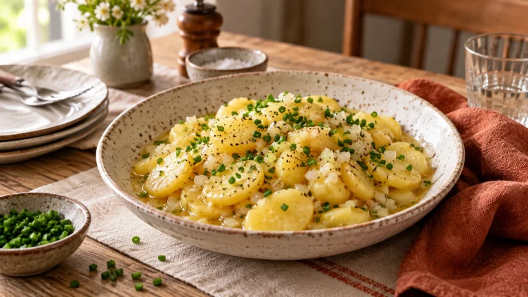 Kartoffelsalat mit Brühe, Zwiebeln und Schnittlauch in einer Keramikschale