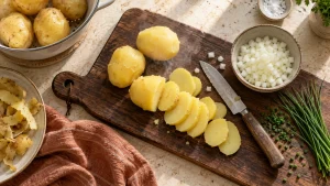 Warme festkochende Kartoffeln werden in gleichmäßige Scheiben geschnitten