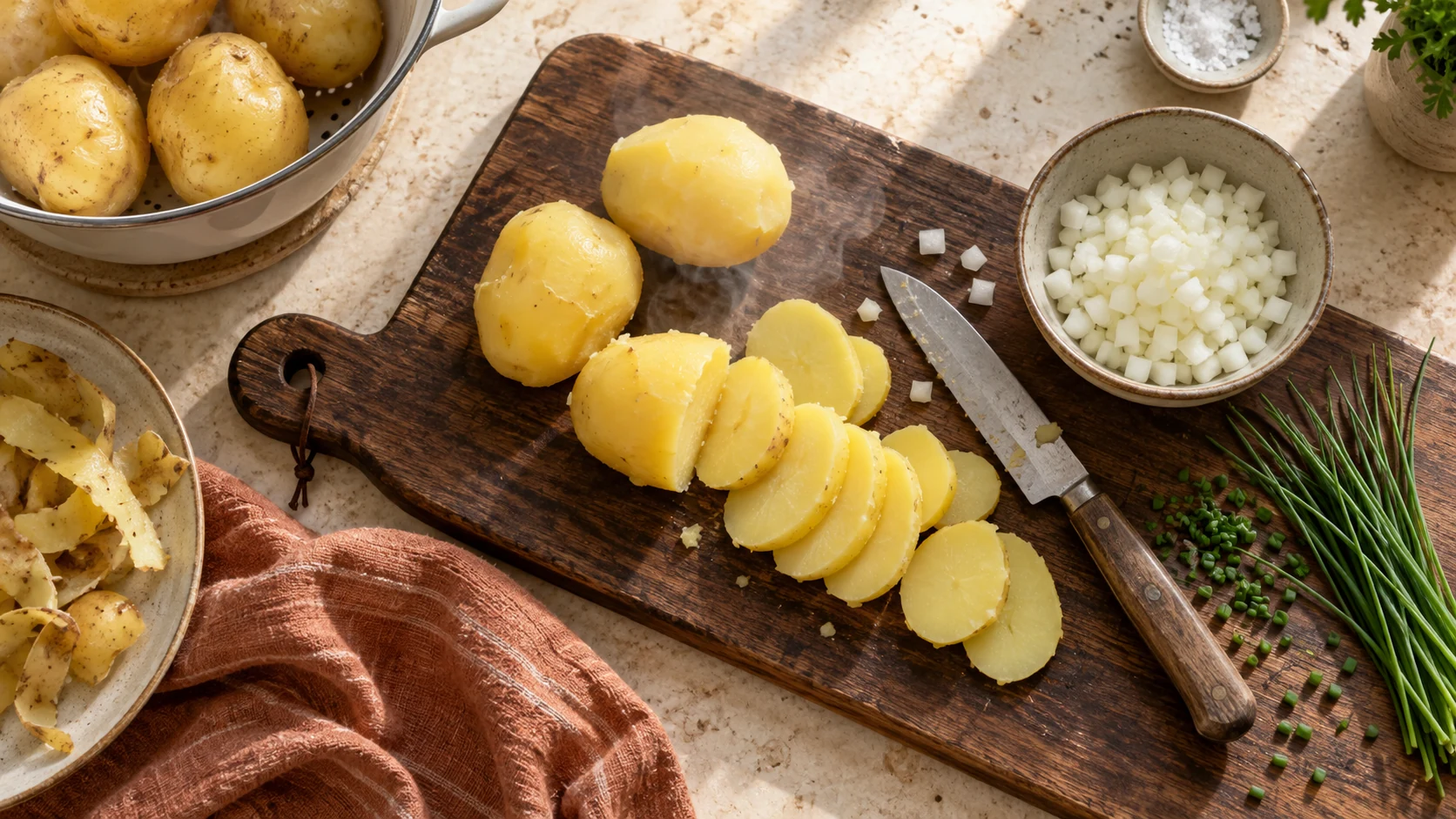 Warme festkochende Kartoffeln werden in gleichmäßige Scheiben geschnitten