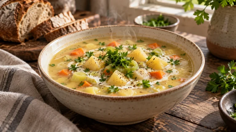 Cremige Kartoffelsuppe mit Suppengemüse und Petersilie