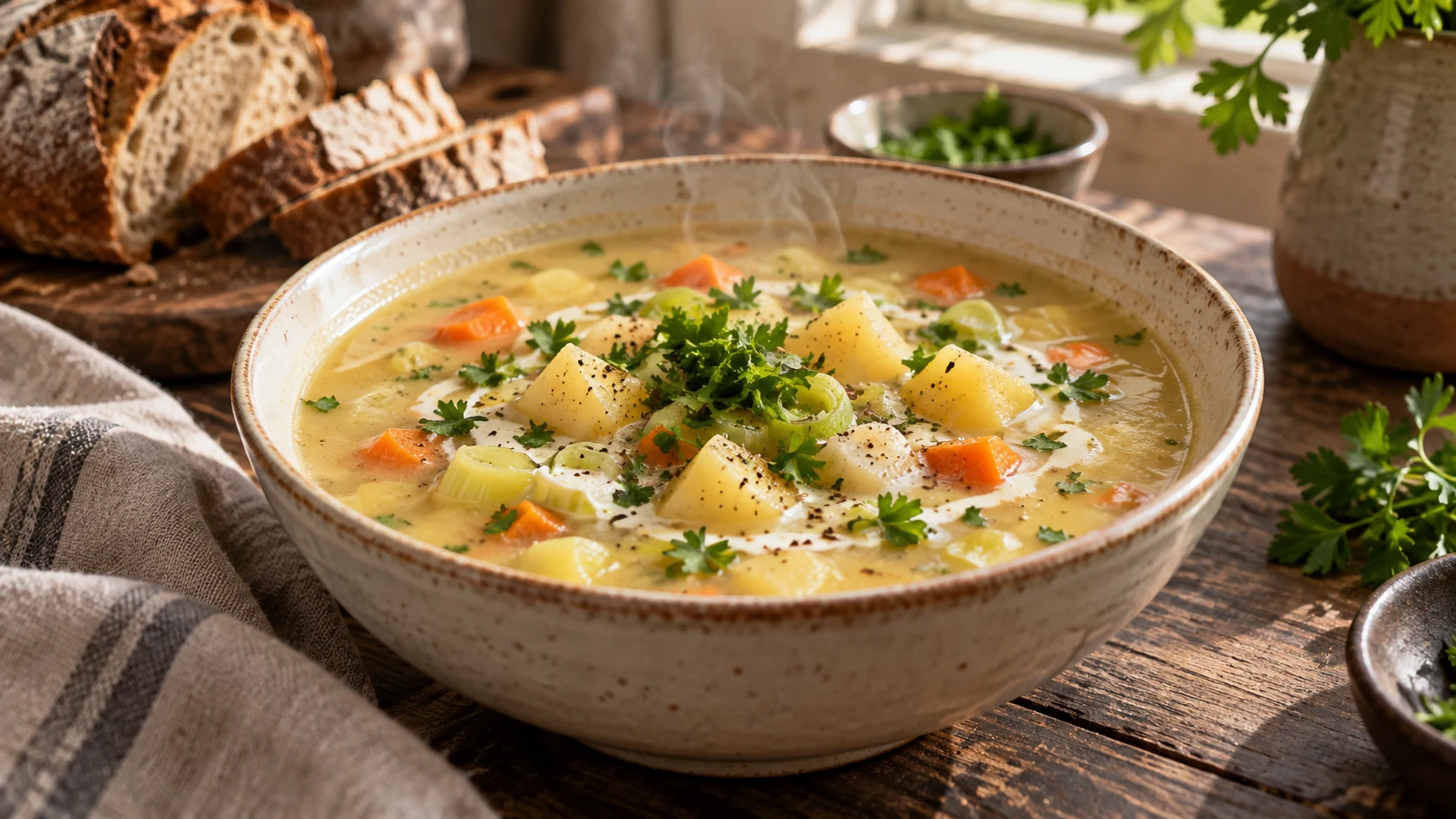 Cremige Kartoffelsuppe mit Suppengemüse und Petersilie