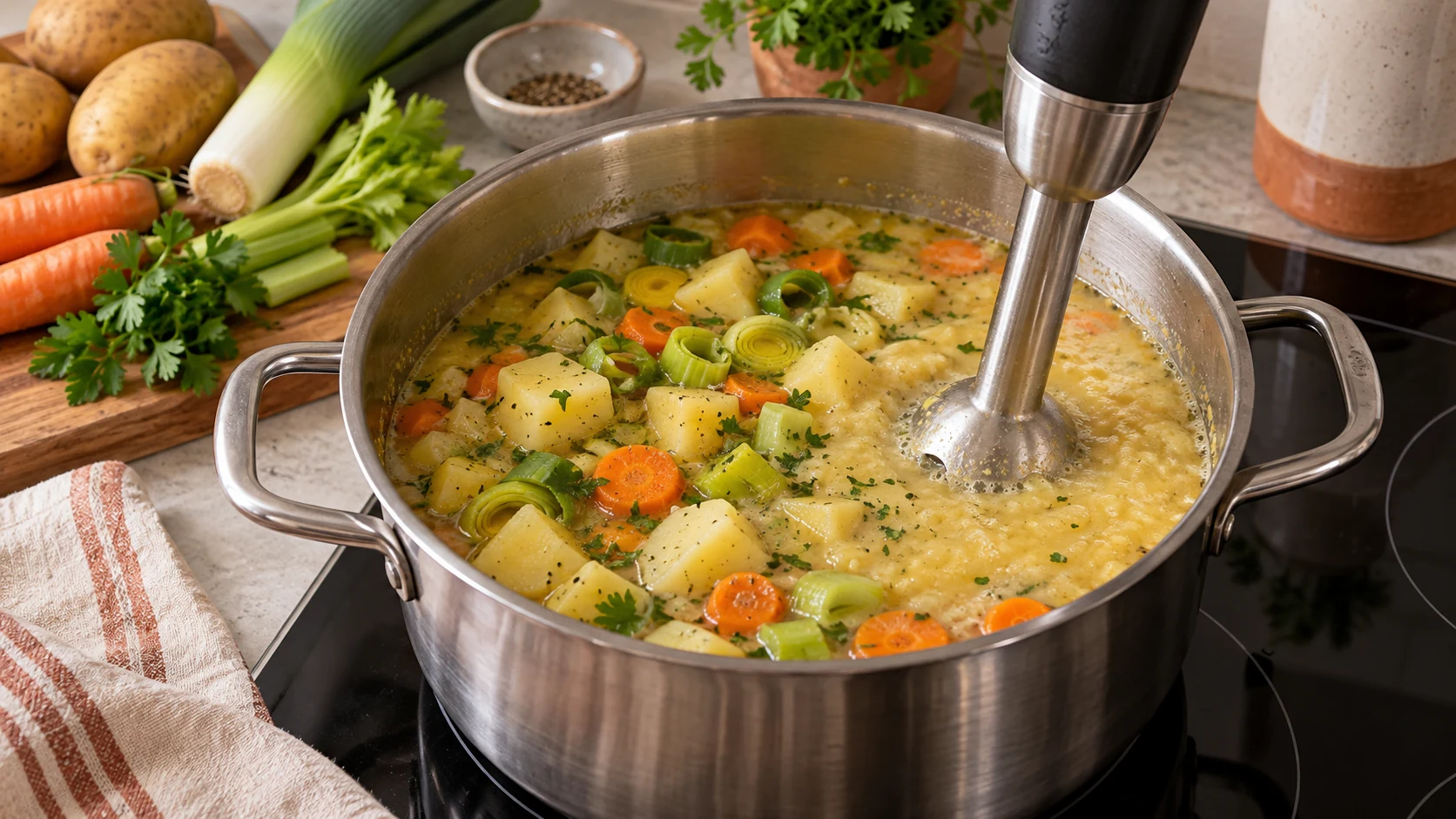 Kartoffelsuppe wird im Topf teilweise mit dem Stabmixer püriert