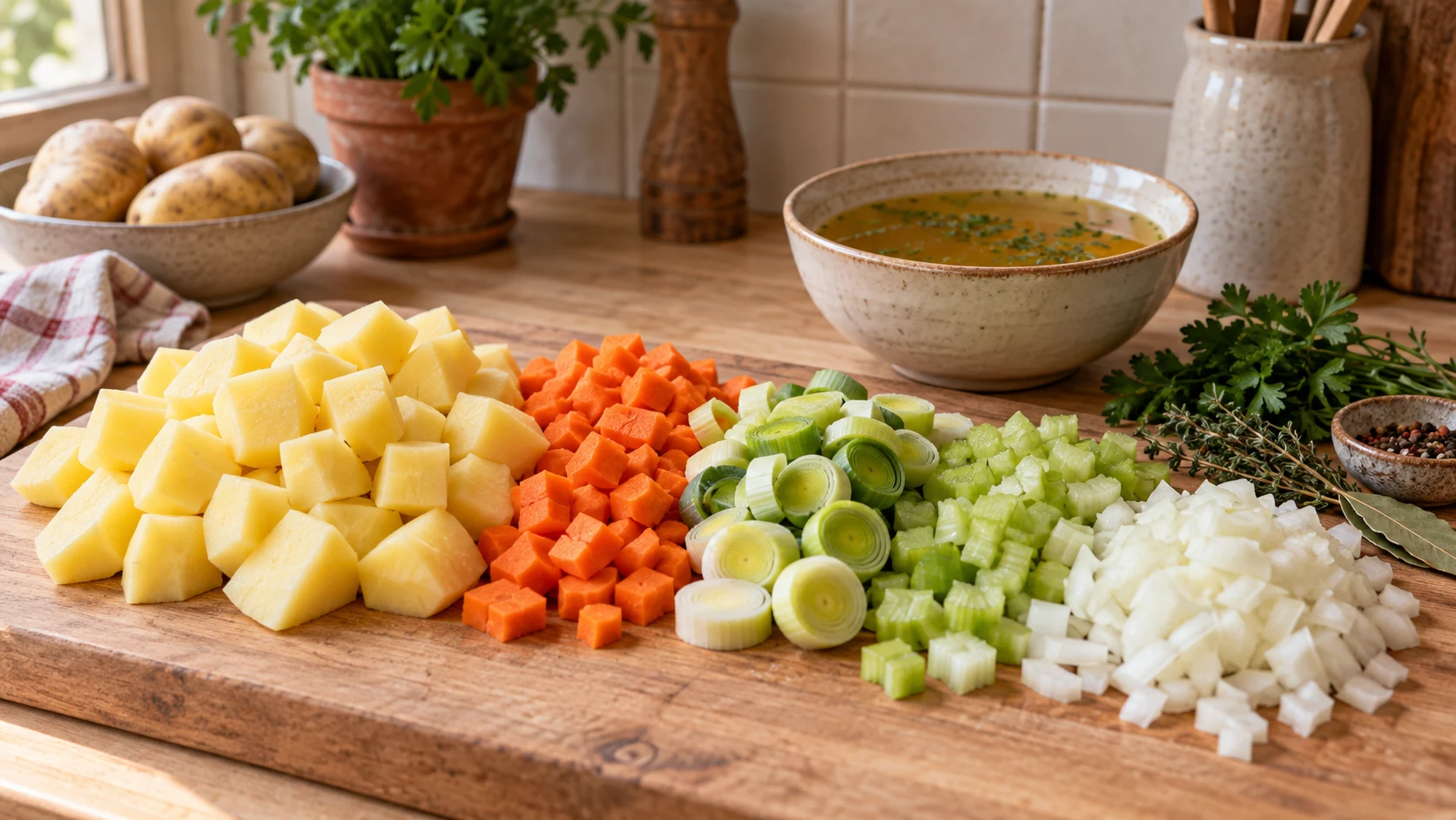 Kartoffeln und Suppengemüse sind gleichmäßig für die Suppe vorbereitet