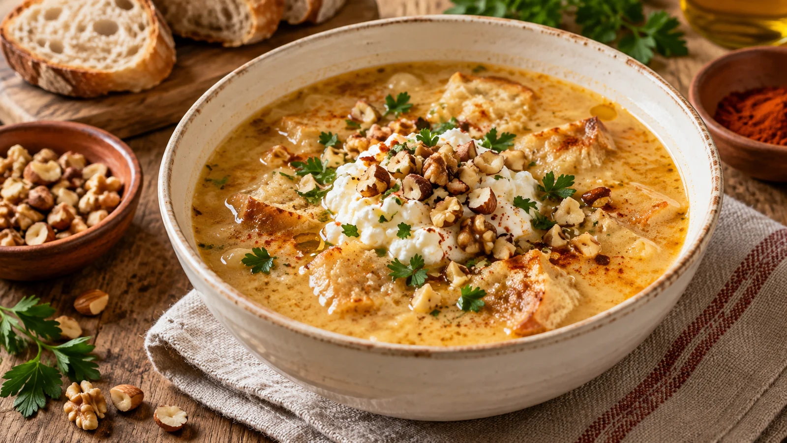 Cremige Knoblauchsuppe mit Hüttenkäse, gerösteten Nüssen und Petersilie