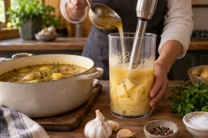 Gekochte Kartoffel wird mit etwas Brühe separat püriert