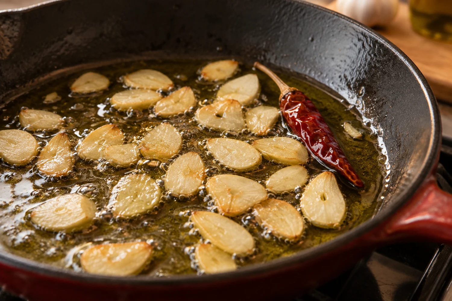Knoblauch brät in Olivenöl langsam goldgelb