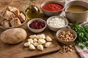 Knoblauch, Kartoffel, Brot, Choricero-Paste, Hüttenkäse und Nüsse
