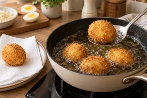 Panierte Eier werden in flachem Öl goldbraun gebraten