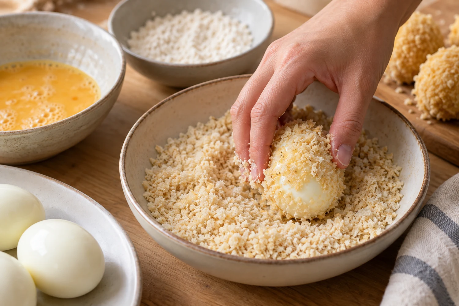 Hartgekochtes Ei wird in groben Panko-Bröseln gewendet