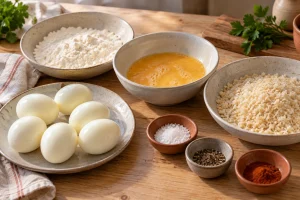 Geschälte hartgekochte Eier neben Mehl, verquirltem Ei und Panko