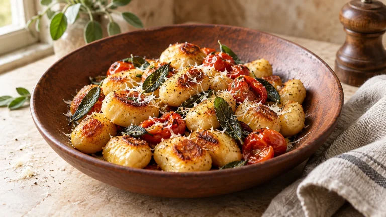 Knusprige Gnocchi mit Kirschtomaten, Salbei und Parmesan in einer Terrakotta-Schale