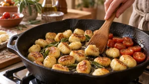 Goldbraune Gnocchi mit Tomaten und Salbei in einer gusseisernen Pfanne