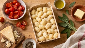 Frische Gnocchi, Kirschtomaten, Salbei, Butter und Parmesan vor dem Braten