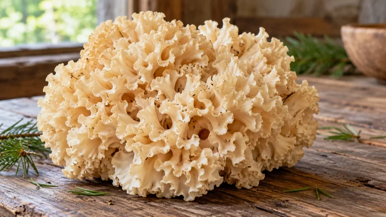 Frische ganze Krause Glucke mit hellen krausen Falten auf einem Holztisch