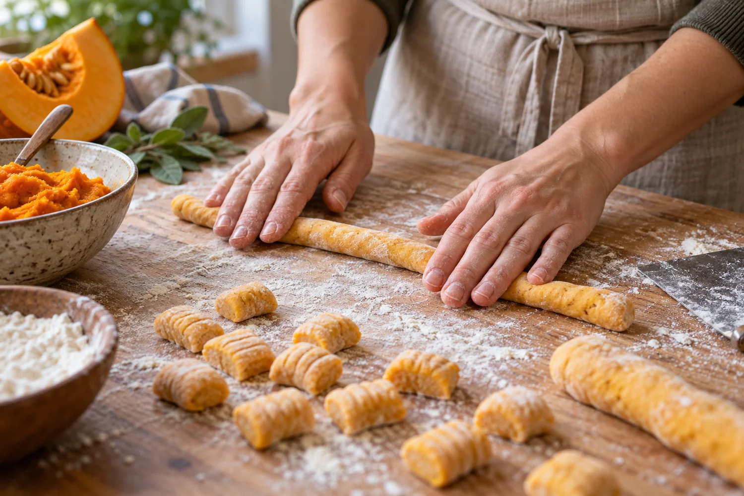 Weicher orangefarbener Kürbis-Gnocchi-Teig wird auf bemehlter Fläche gerollt