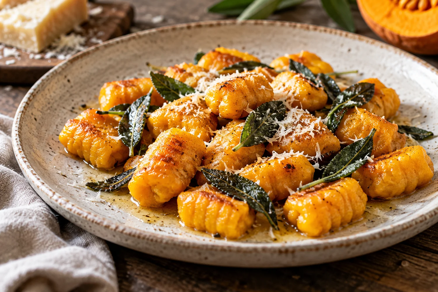 Kürbis-Gnocchi mit Salbeibutter und Parmesan auf einem Teller