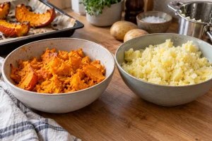 Gerösteter Hokkaido-Kürbis und ausgedampfte gepresste Kartoffeln in Schalen