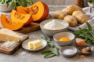 Hokkaido-Kürbis, Kartoffeln, Mehl, Eigelb, Parmesan und Salbei für Kürbis-Gnocchi