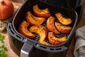 Hokkaido-Spalten mit ersten gebräunten Stellen im Airfryer-Korb