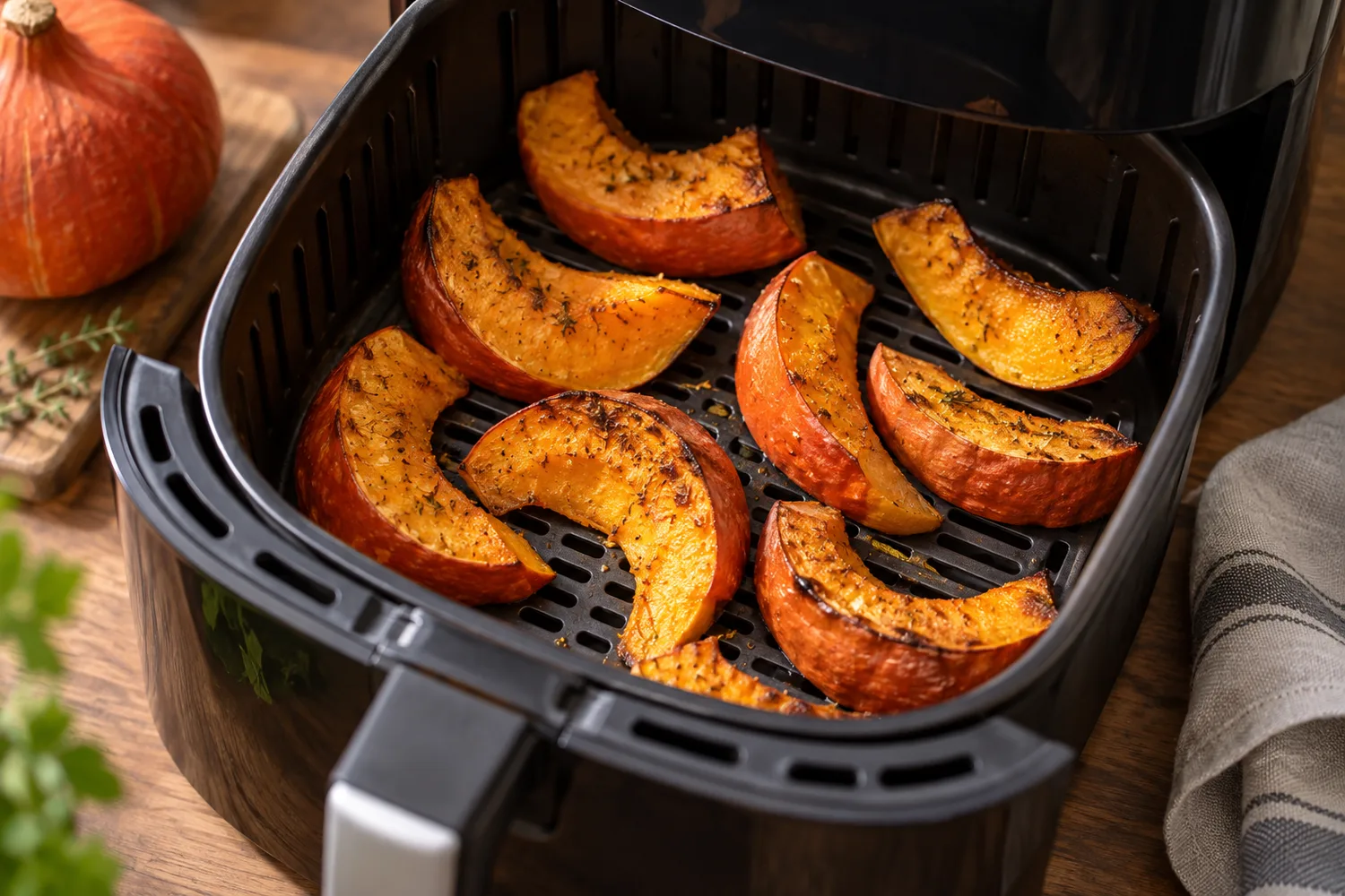 Hokkaido-Spalten mit ersten gebräunten Stellen im Airfryer-Korb