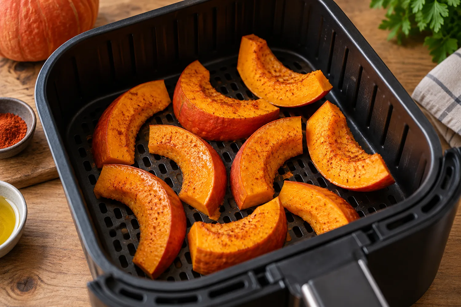 Rohe gewürzte Hokkaido-Spalten mit Abstand im Airfryer-Korb