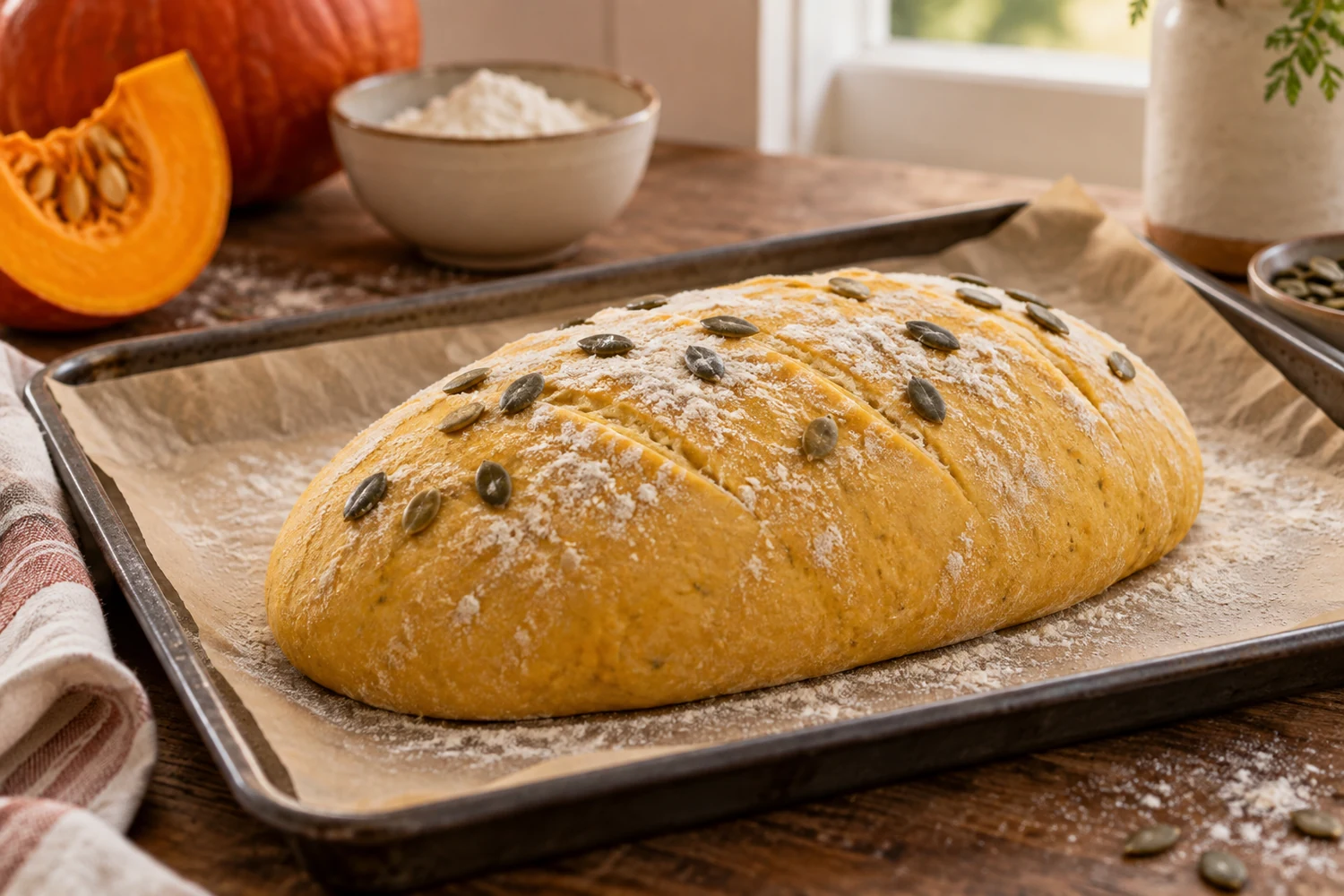 Geformter und aufgegangener Kürbisbrot-Laib mit Kürbiskernen vor dem Backen