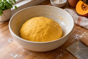 Weicher orangefarbener Kürbisbrotteig in einer Schüssel nach dem Kneten