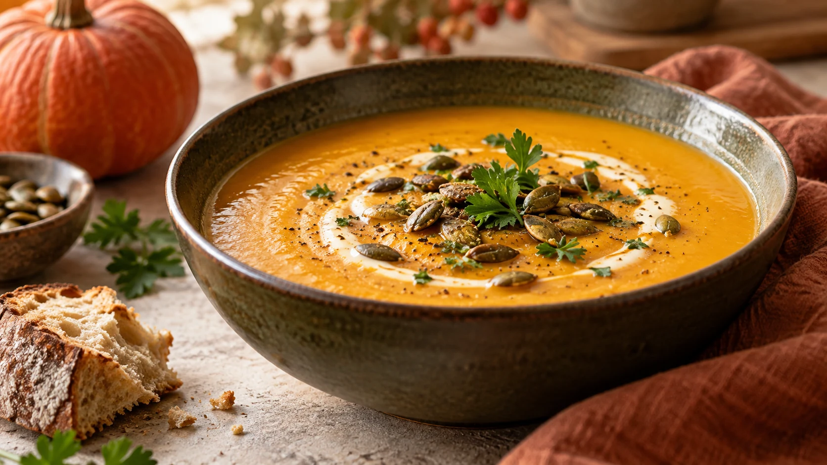 Cremige Hokkaido-Kürbissuppe mit Kürbiskernen in einer dunklen Schale