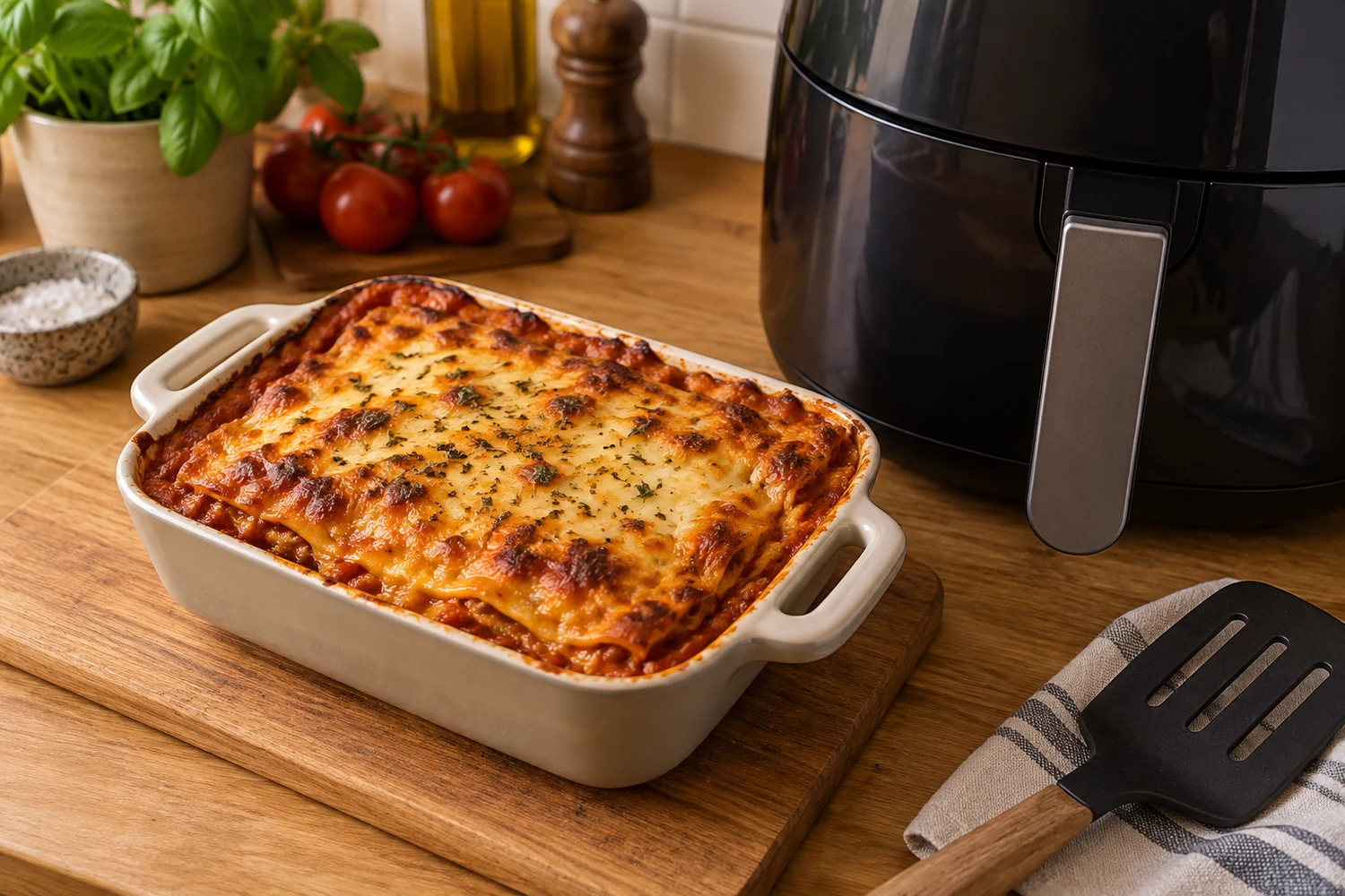 Fertige kleine Lasagne in hitzebeständiger Form neben dem Airfryer