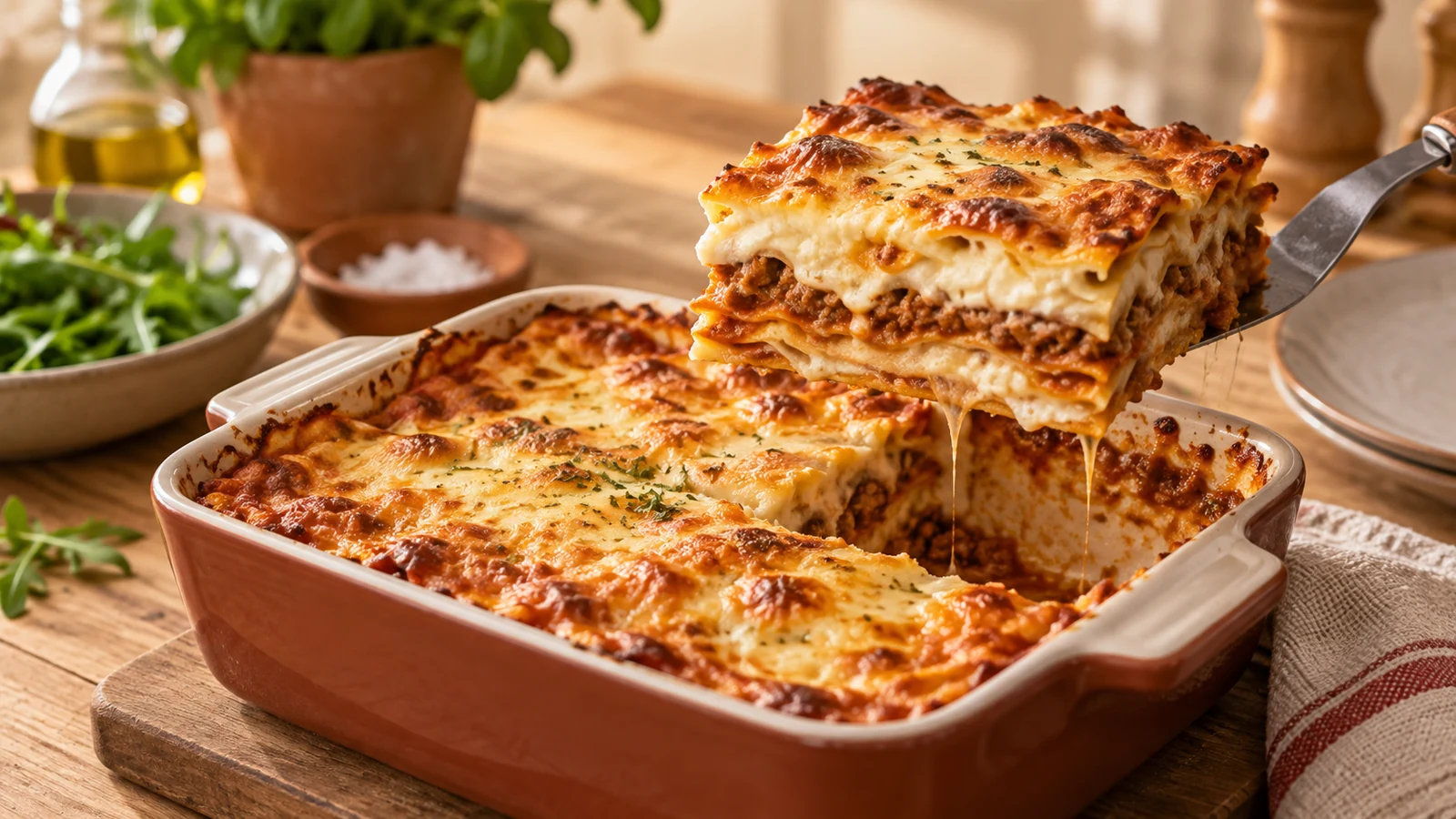 Kleine Airfryer-Lasagne mit goldbrauner Käsekruste und sichtbaren Schichten