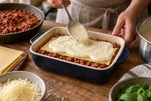 Bolognese, Lasagneplatte und Béchamel werden in kleiner Form geschichtet