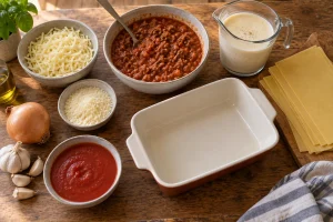 Kleine Lasagneform mit Platten, Bolognese, Béchamel und Mozzarella
