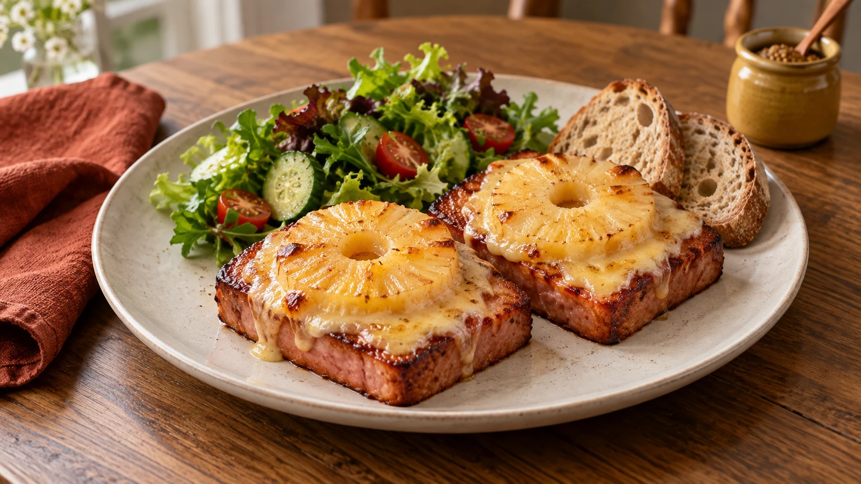 Überbackener Leberkäse Hawaii mit Ananas, Käse, Salat und Brot