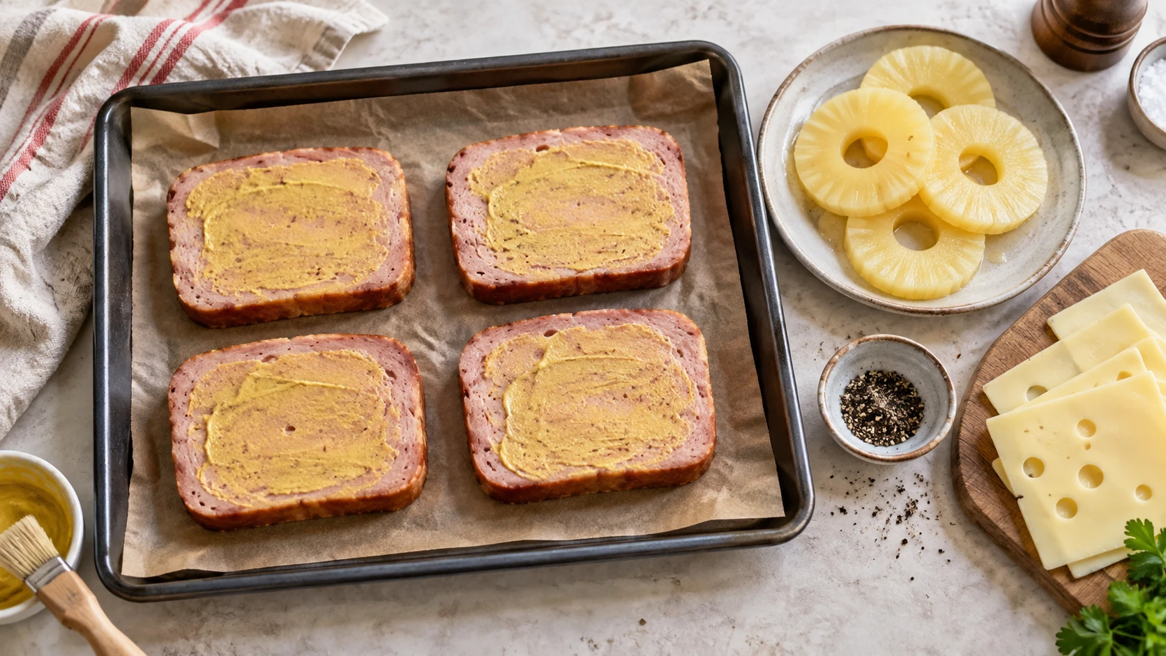 Leberkäse-Scheiben mit Senf, Ananas und Käse vor dem Überbacken