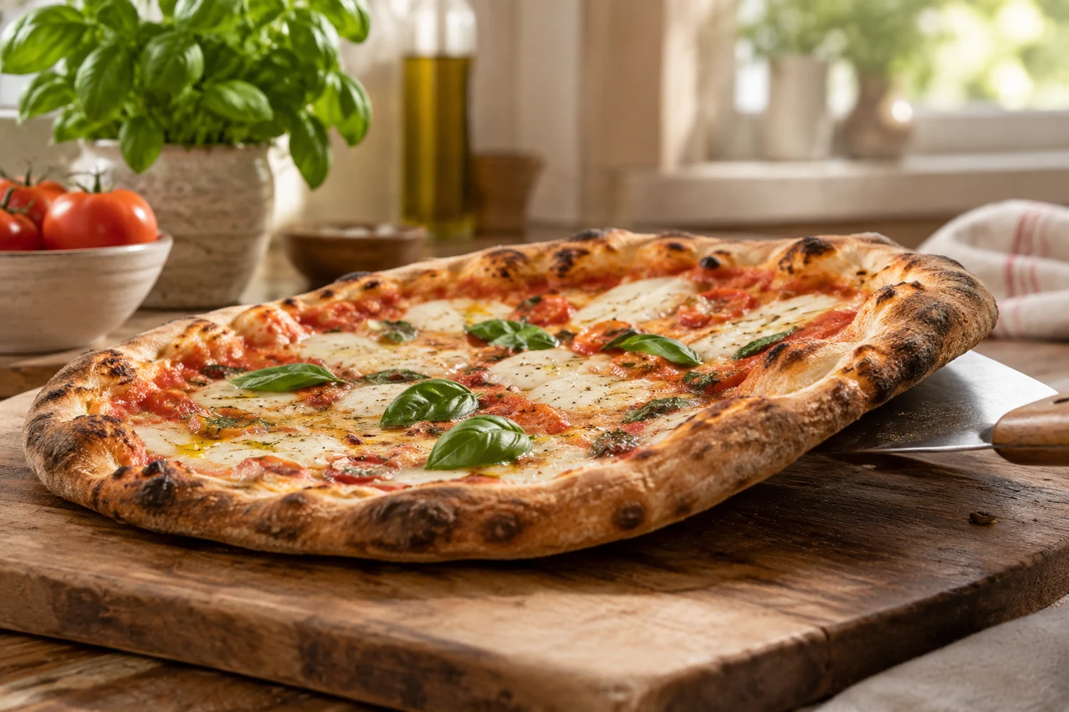 Fertige Pizza mit gebräuntem Rand und knusprigem Boden