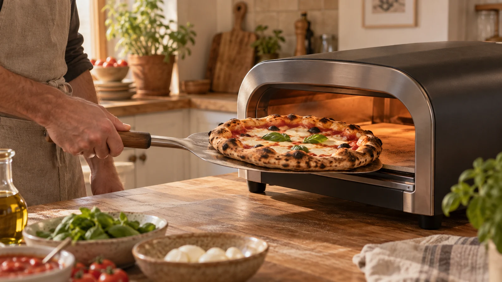 Pizza wird aus einem kompakten Hochtemperatur-Pizzaofen genommen