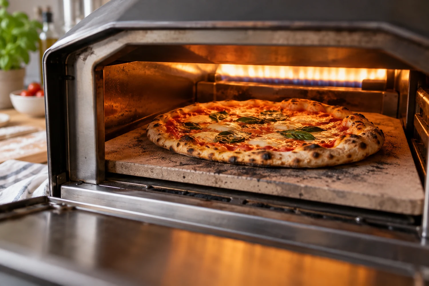 Pizza backt auf heißem Stein in einem kompakten Ofen