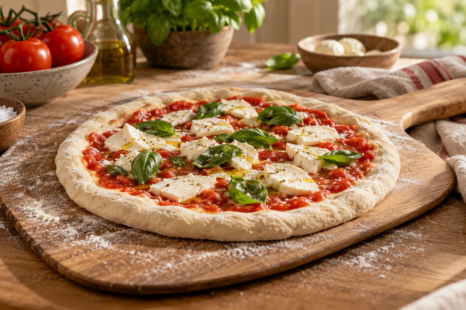 Dünn belegte Pizza auf einem Pizzaschieber vor dem Backen