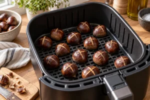 Kreuzweise eingeschnittene Maronen liegen locker im Airfryer-Korb