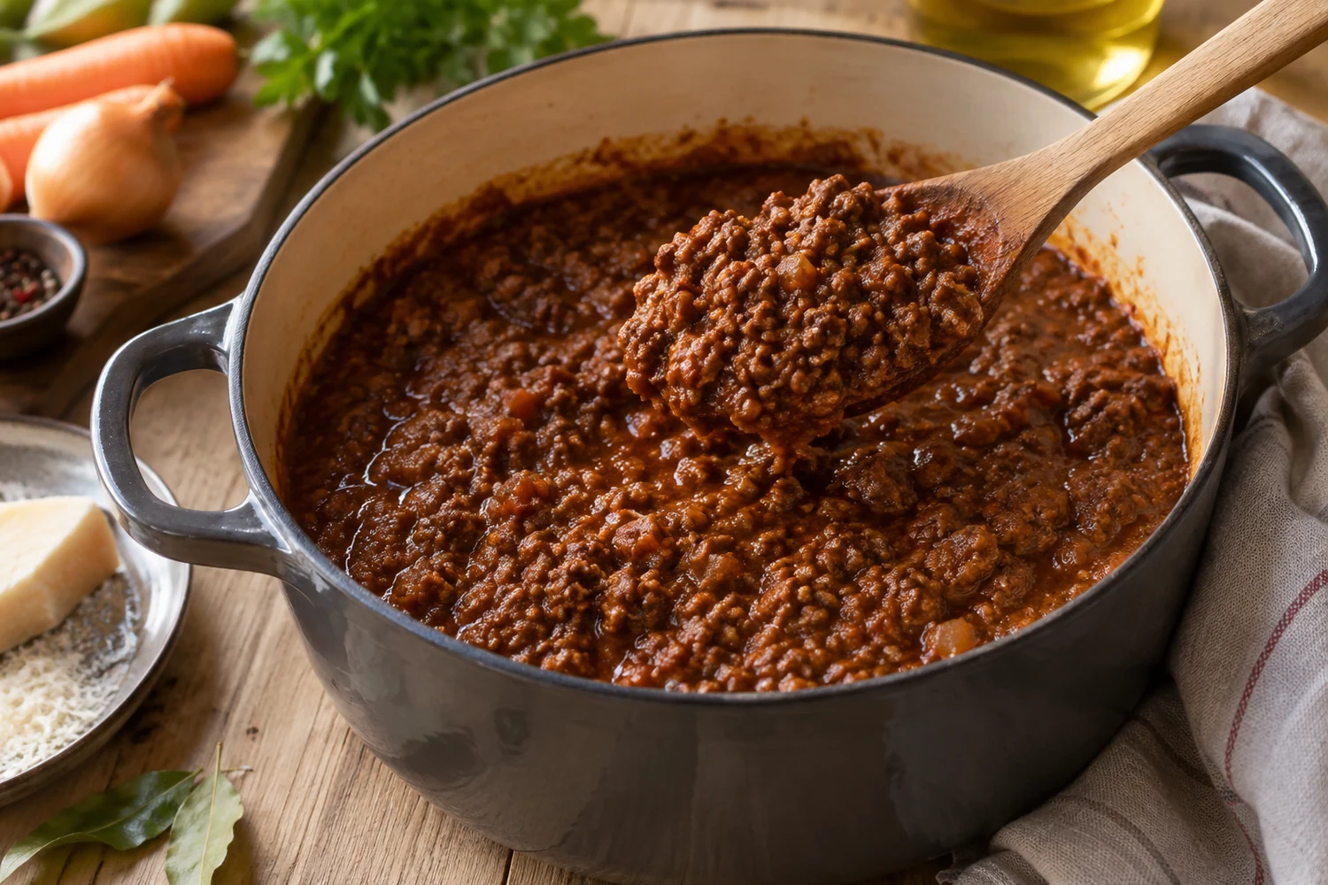 Dick eingekochtes fleischiges Ragù im Topf