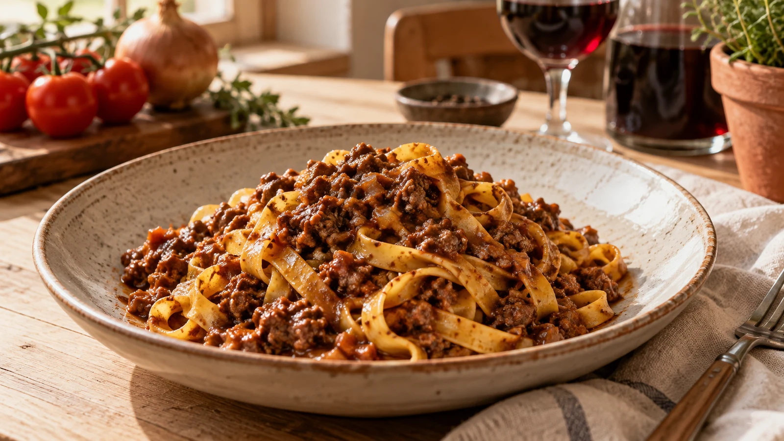 Dunkles Ragù alla Bolognese mit Tagliatelle