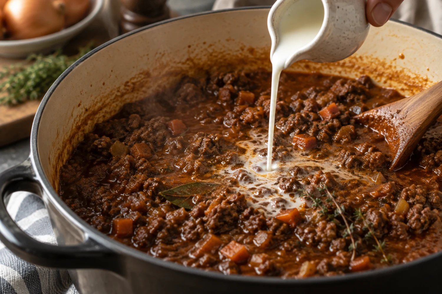 Wenig Milch fließt in langsam gegartes Ragù