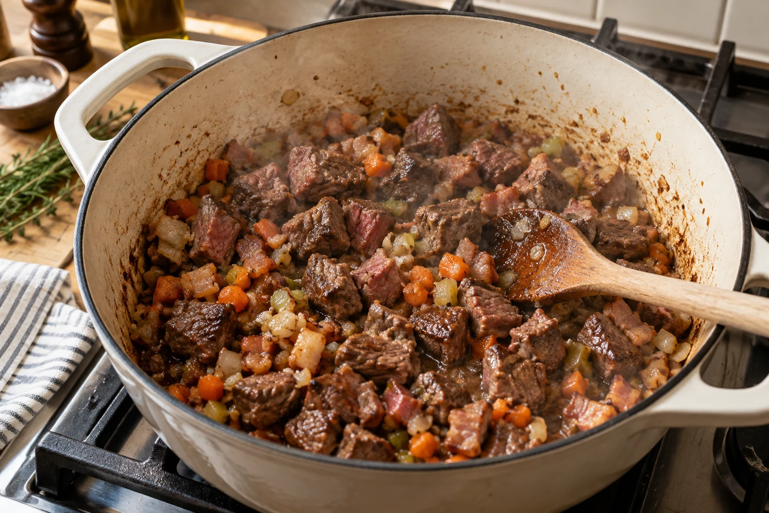 Soffritto und Fleisch bräunen in einer Pfanne