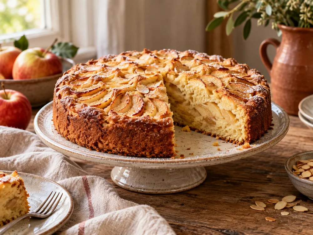 Apfelkuchen mit einem angeschnittenen Stück