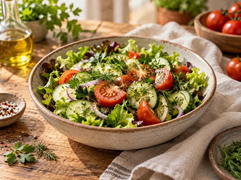 Frischer Blattsalat mit Gurken und Tomaten