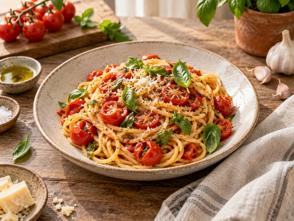 Pasta mit Tomaten und frischem Basilikum