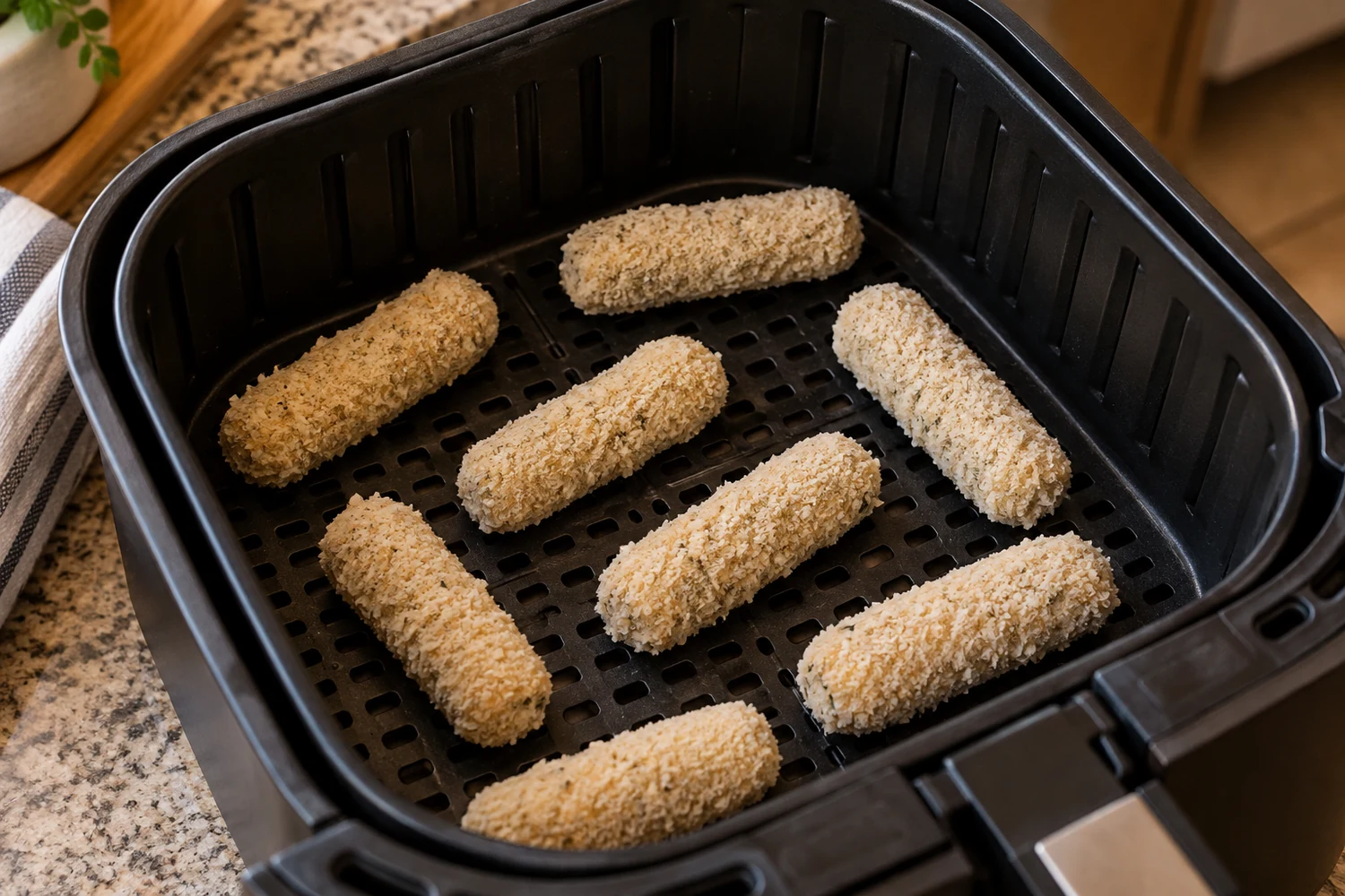 Gefrorene doppelt panierte Mozzarella Sticks mit Abstand im Airfryer-Korb