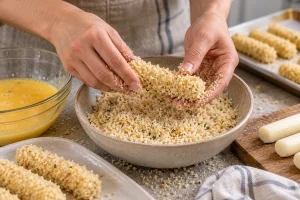 Mozzarella Stick bekommt eine zweite Panko-Schicht an allen Seiten