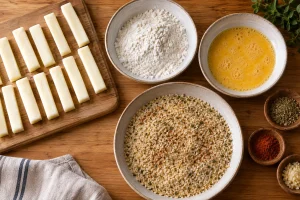 Mozzarella, Mehl, Eier und gewürztes Panko zum Panieren