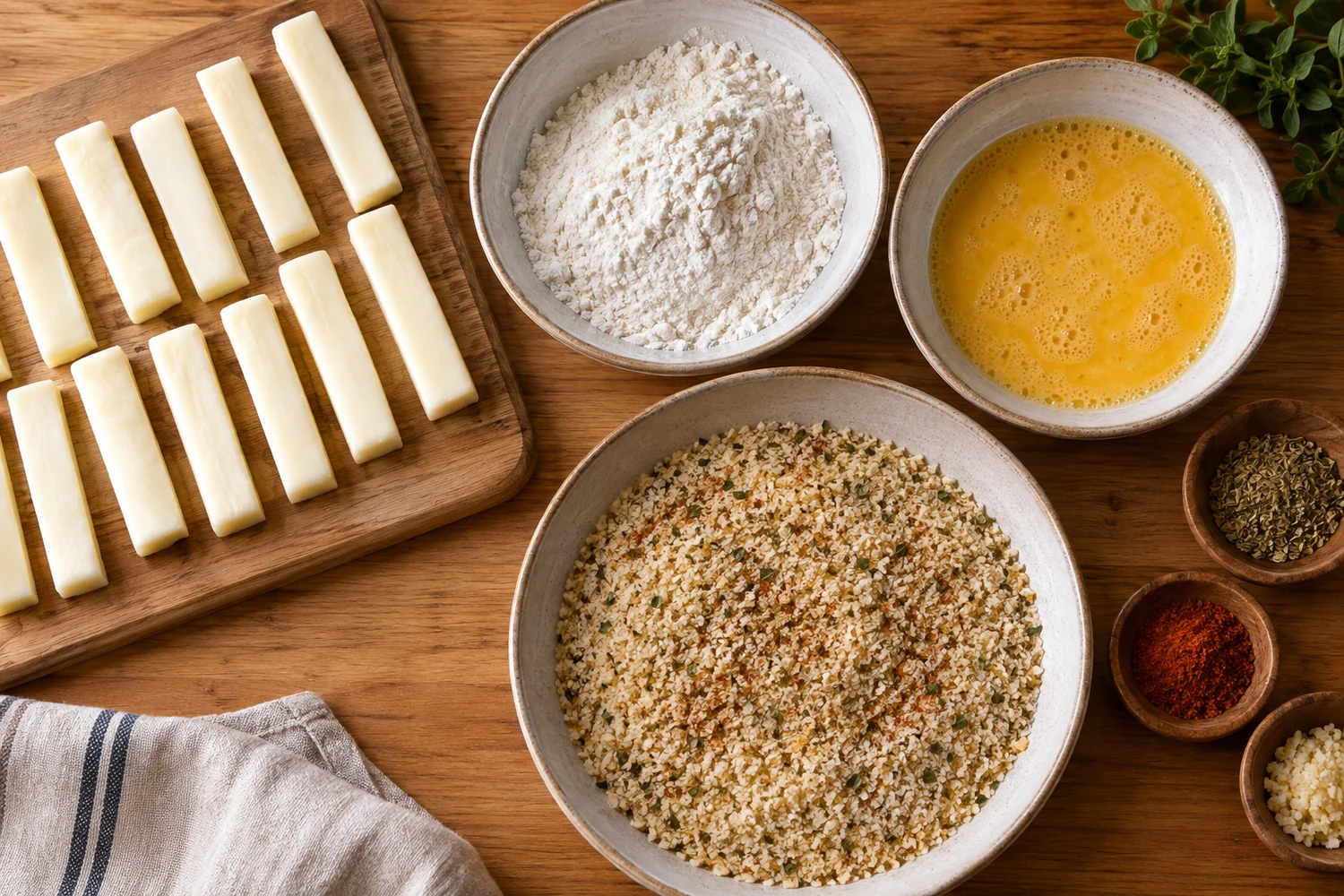 Mozzarella, Mehl, Eier und gewürztes Panko zum Panieren